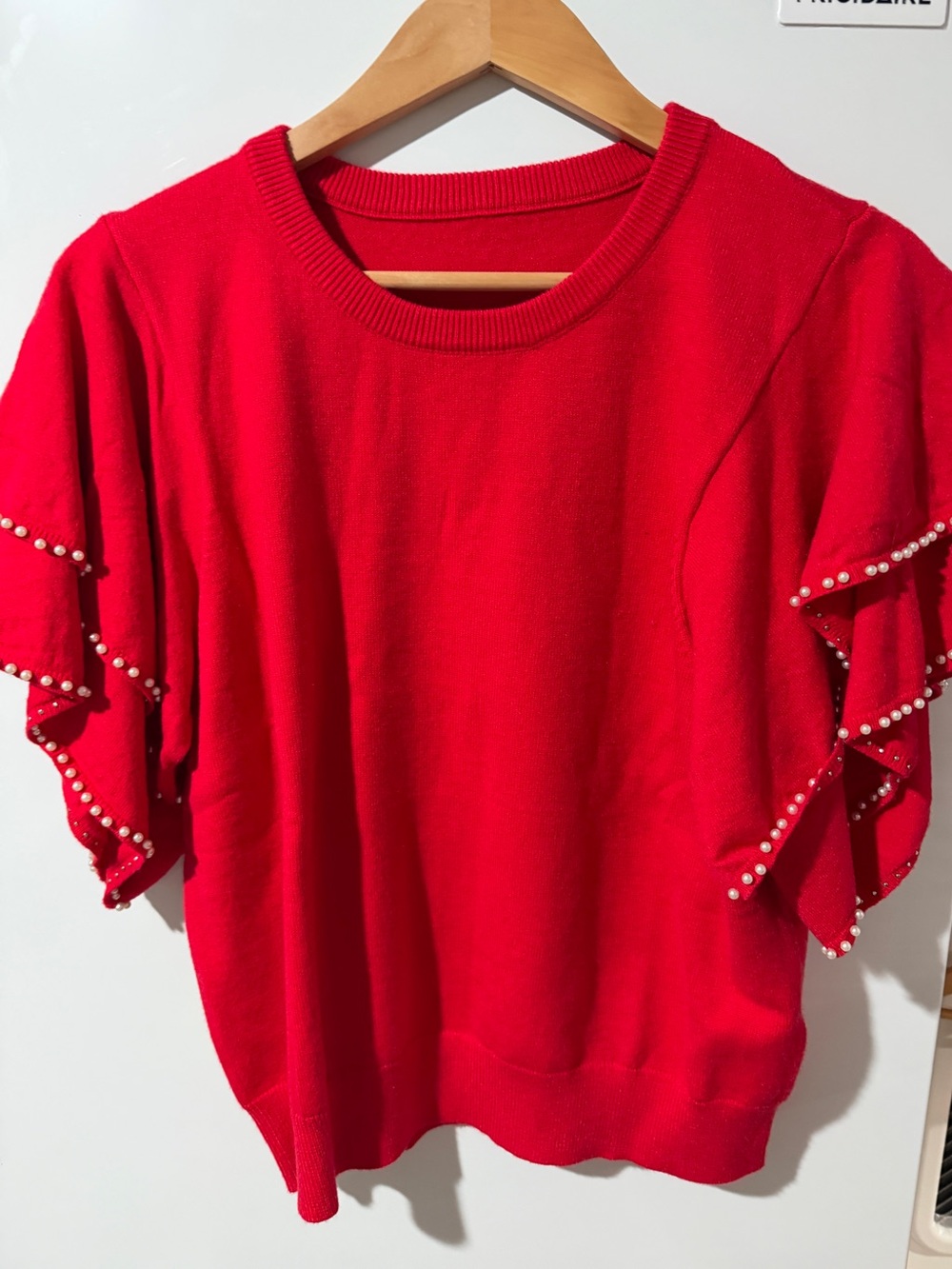 Women's Red Pearl-Trim Ruffle Sleeve Sweater
